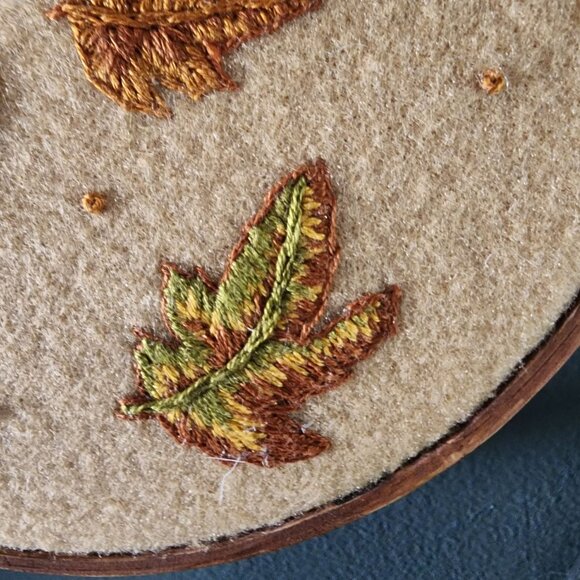 Embroidered Hoop Art, Autumn Leaves on Felt, 6" Stained Brown Wooden Frame, - Picture 3 of 10